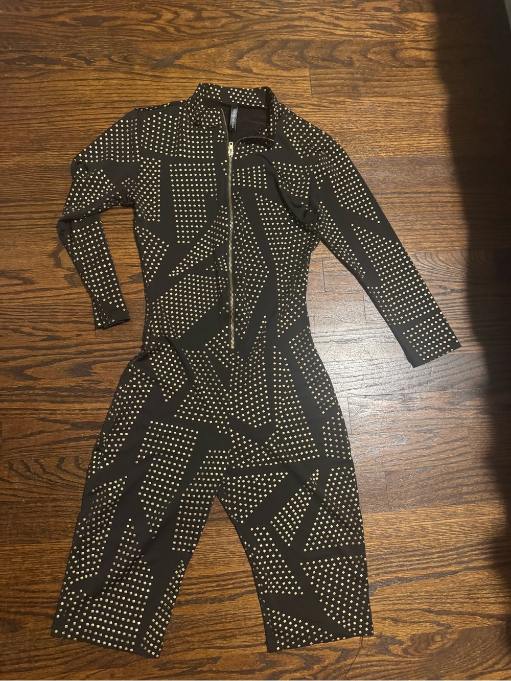 Women's Black Studded Jumpsuit with Front Zip